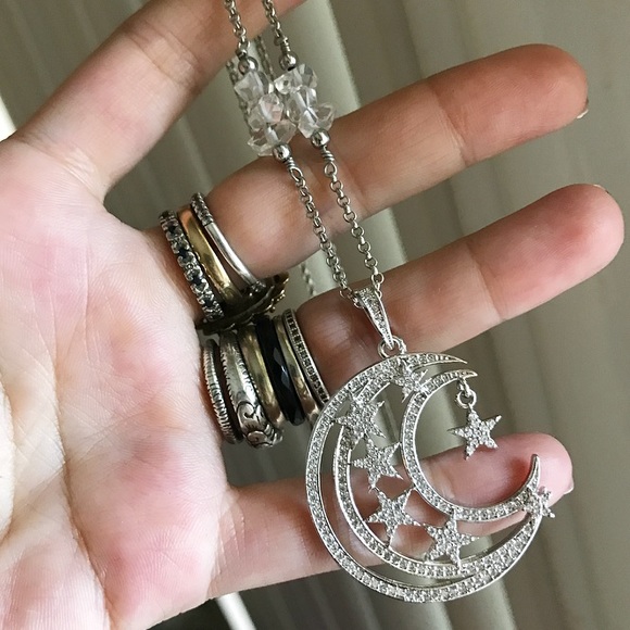 White gold plated cz moon stars herkimer diamonds - Picture 9 of 12